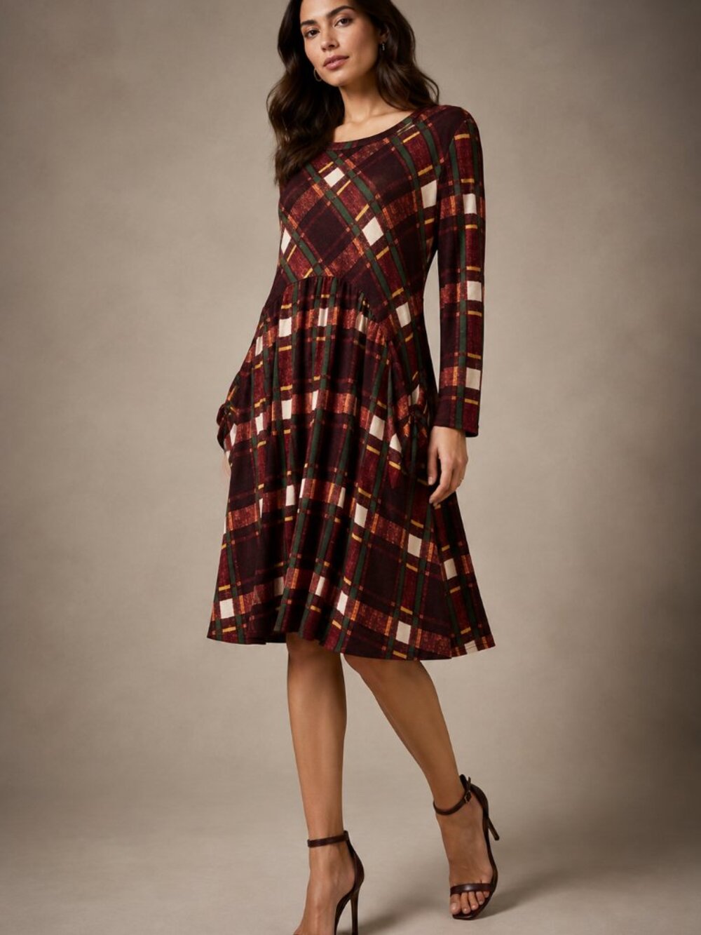 Honeyme Burgundy Plaid Dress L Made USA Long Sleeve Stretch Pockets